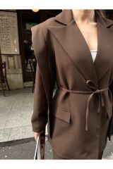 Kadın İp Bağlamalı Omuz Detaylı Astarlı Blazer Ceket Kahverengi - S