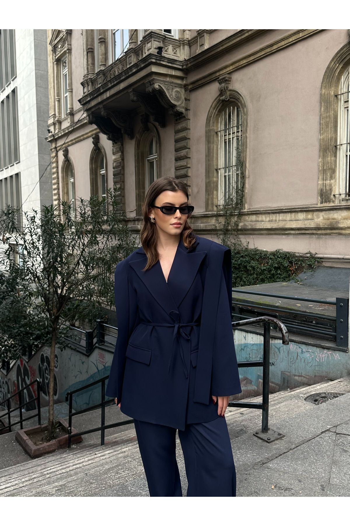 Kadın İp Bağlamalı Omuz Detaylı Astarlı Blazer Ceket Lacivert - S