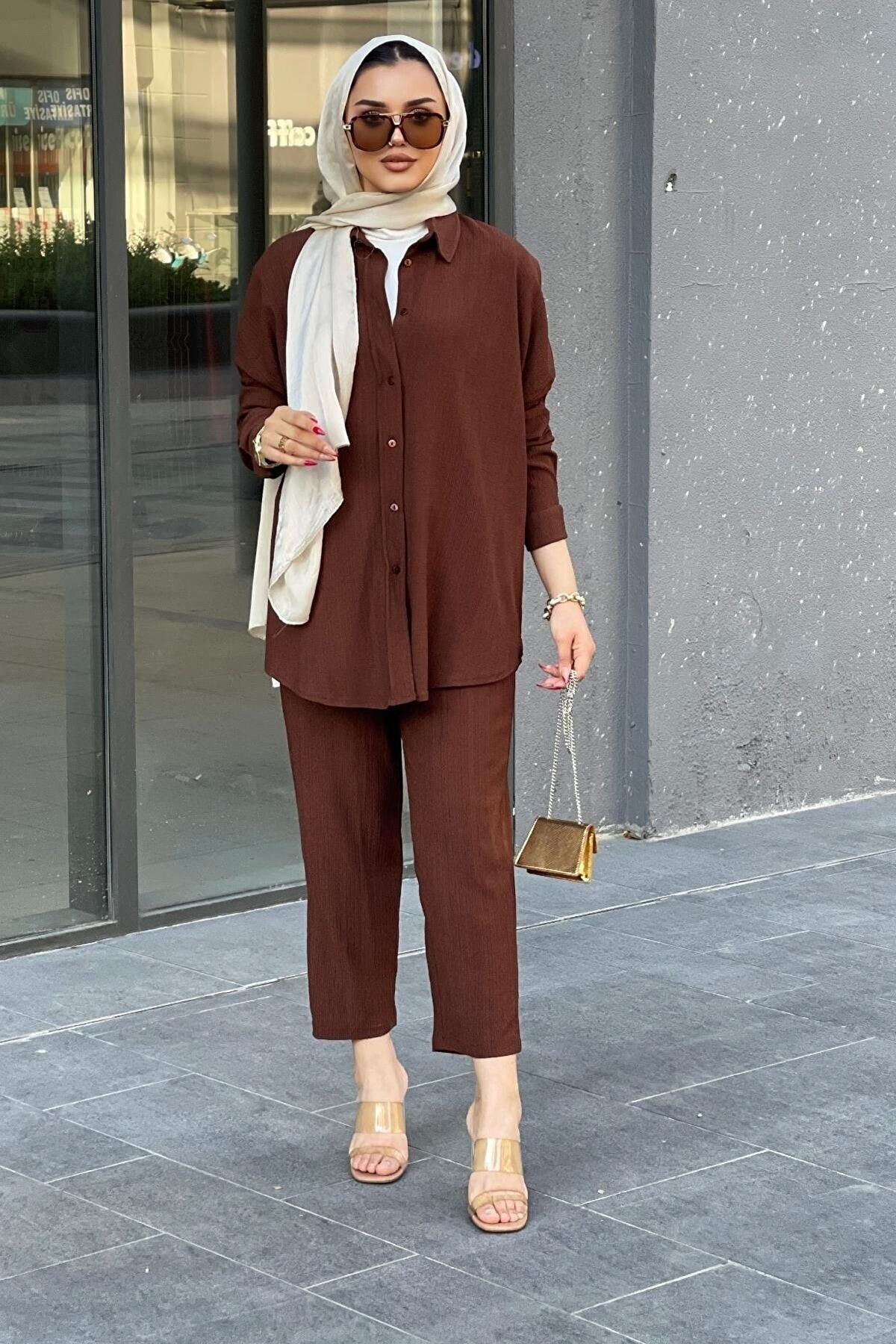Kadın Pantolonlu Tesettür Takım Kahverengi - 36
