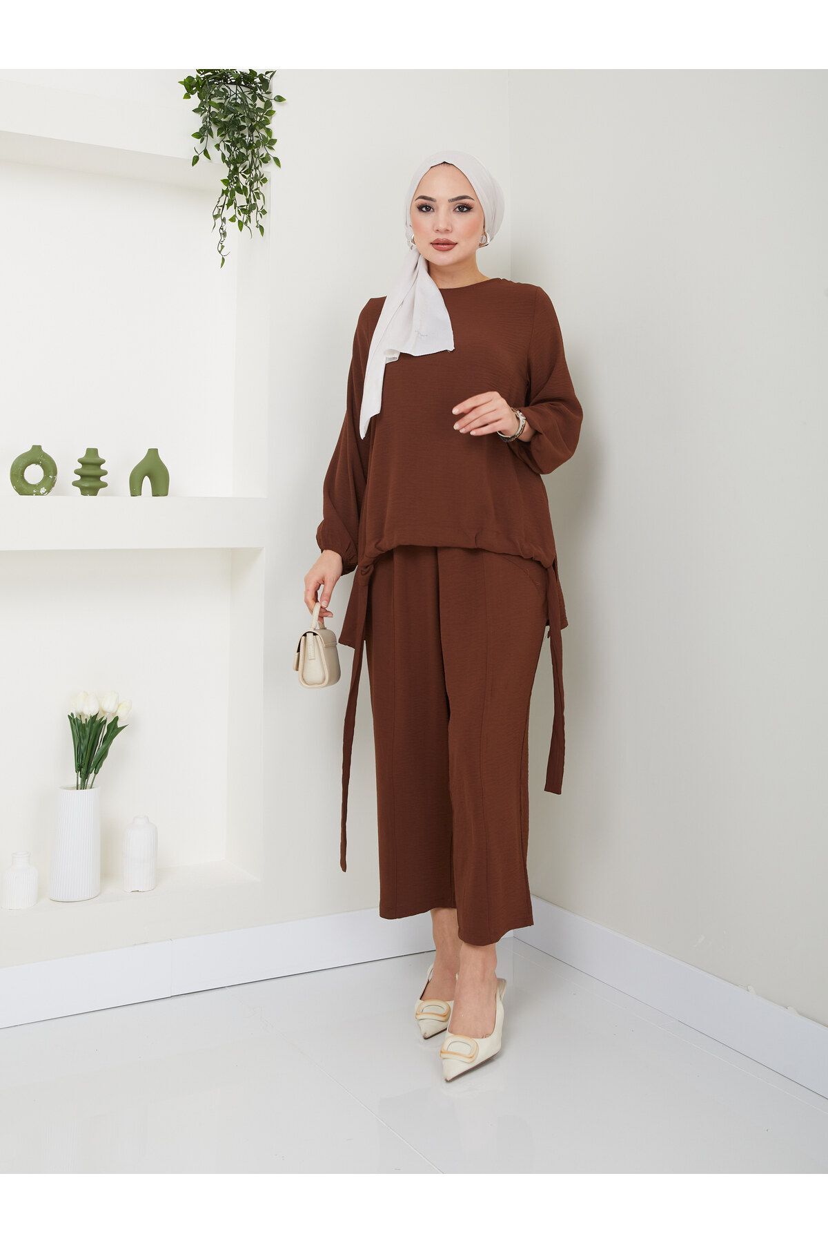 Kadın Şalvar Tesettür Takım Kahverengi - 2XL