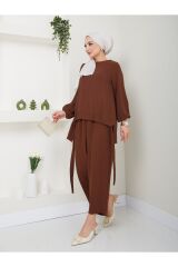 Kadın Şalvar Tesettür Takım Kahverengi - 2XL
