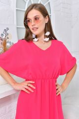 Kadın V yaka Bel ve Kol Büzgülü Maxi Elbise Pembe - 40