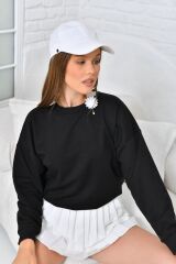 Kadın İki İplik Oversiz Düz Sweat Siyah - L