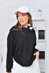 Kadın İki İplik Oversiz Düz Sweat Siyah - XL