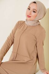 Kadın Önü Çımalı Geniş Elbise Bej - S