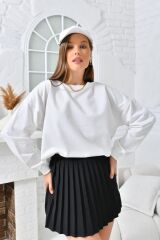 Kadın İki İplik Oversiz Düz Sweat Beyaz - XL