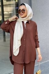 Kadın Pantolonlu Tesettür Takım Kahverengi - 2XL
