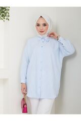 Kadın Çizgili Tesettür Gömlek Mavi - 2XL