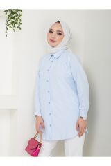 Kadın Çizgili Tesettür Gömlek Mavi - M