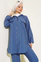 Kadın Metal Düğmeli Kapüşonlu Tesettür İkili Takım Mavi - L