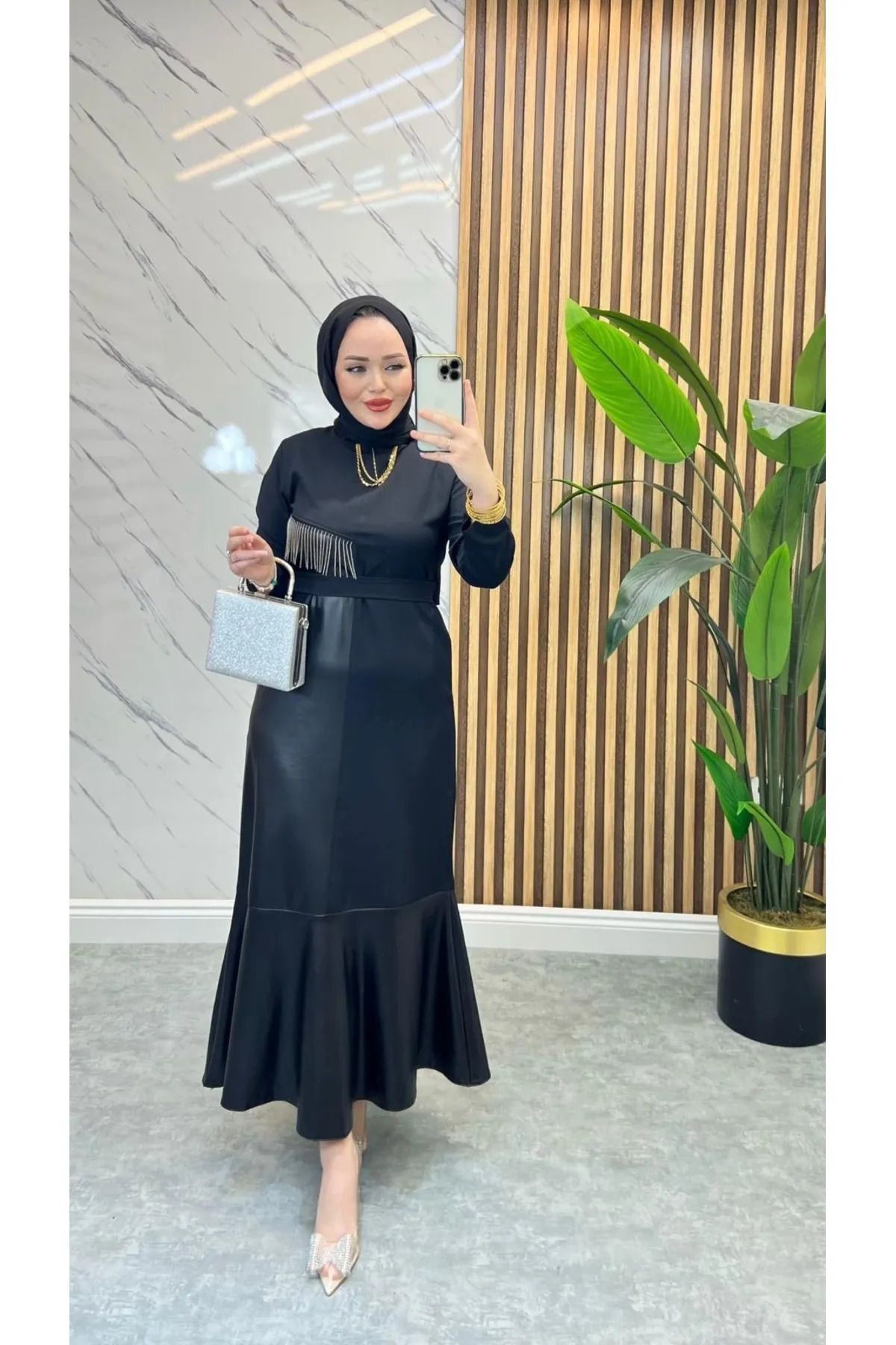 Kadın Deri Detaylı Siyah Elbise Siyah - 2XL