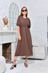 Kadın V yaka Bel ve Kol Büzgülü Maxi Elbise Kahverengi - L