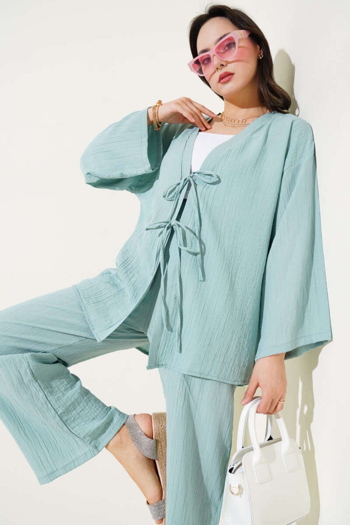 Kadın Önü Bağlamalı Kimono İkili Takım Yeşil - S/M