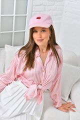 Kadın İnce Çizgili Saten Gömlek Pembe - 36