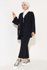Kadın Önü Bağlamalı Kimono İkili Takım Siyah - S/M