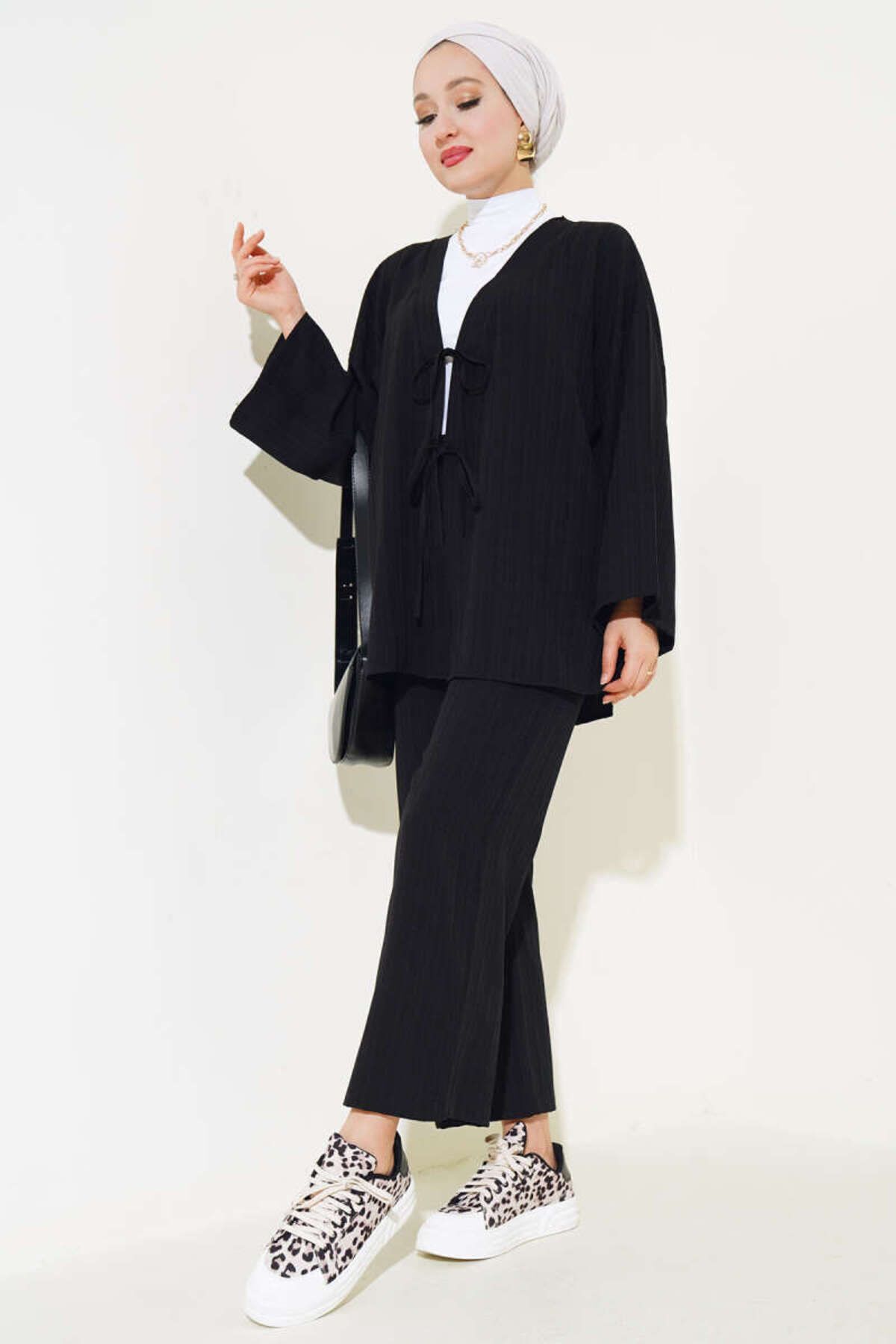 Kadın Önü Bağlamalı Kimono İkili Takım Siyah - L/XL