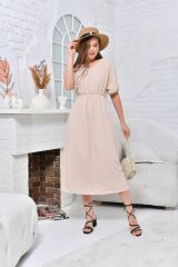 Kadın V yaka Bel ve Kol Büzgülü Maxi Elbise BEJ - XL