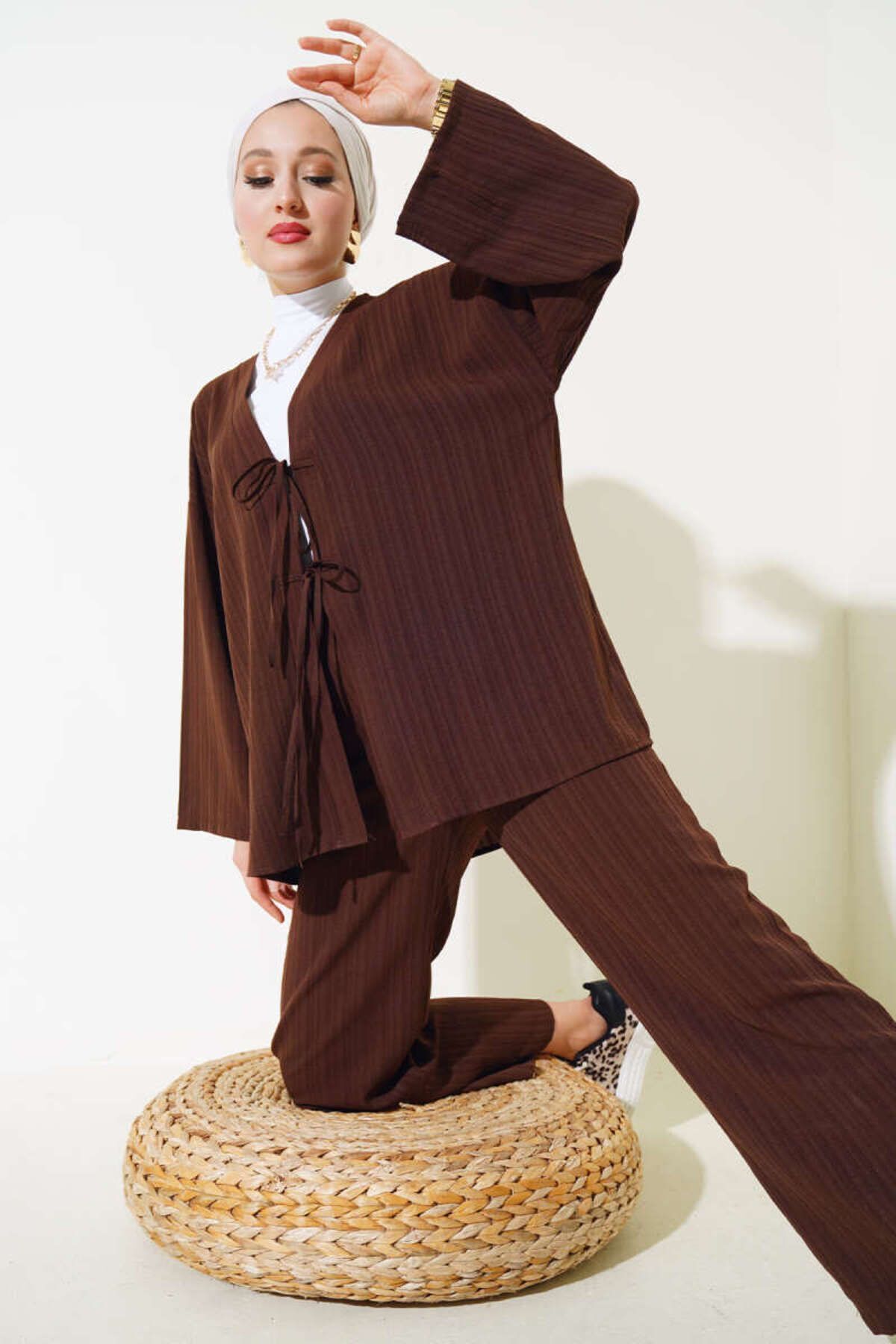 Kadın Önü Bağlamalı Kimono İkili Takım Kahverengi - L/XL