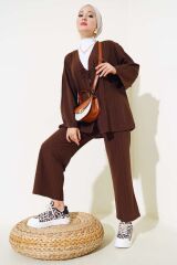 Kadın Önü Bağlamalı Kimono İkili Takım Kahverengi - L/XL