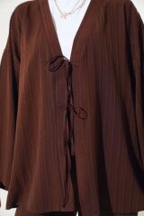Kadın Önü Bağlamalı Kimono İkili Takım Kahverengi - S/M
