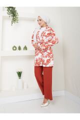 Kadın Çiçek Desenli Kapamasız  Kuşaklı Kimono Takım