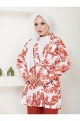 Kadın Çiçek Desenli Kapamasız  Kuşaklı Kimono Takım