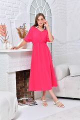 Kadın V yaka Bel ve Kol Büzgülü Maxi Elbise Pembe - XL