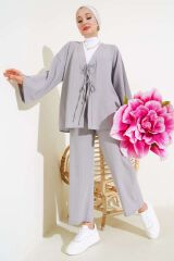 Kadın Önü Bağlamalı Kimono İkili Takım Gri - S/M