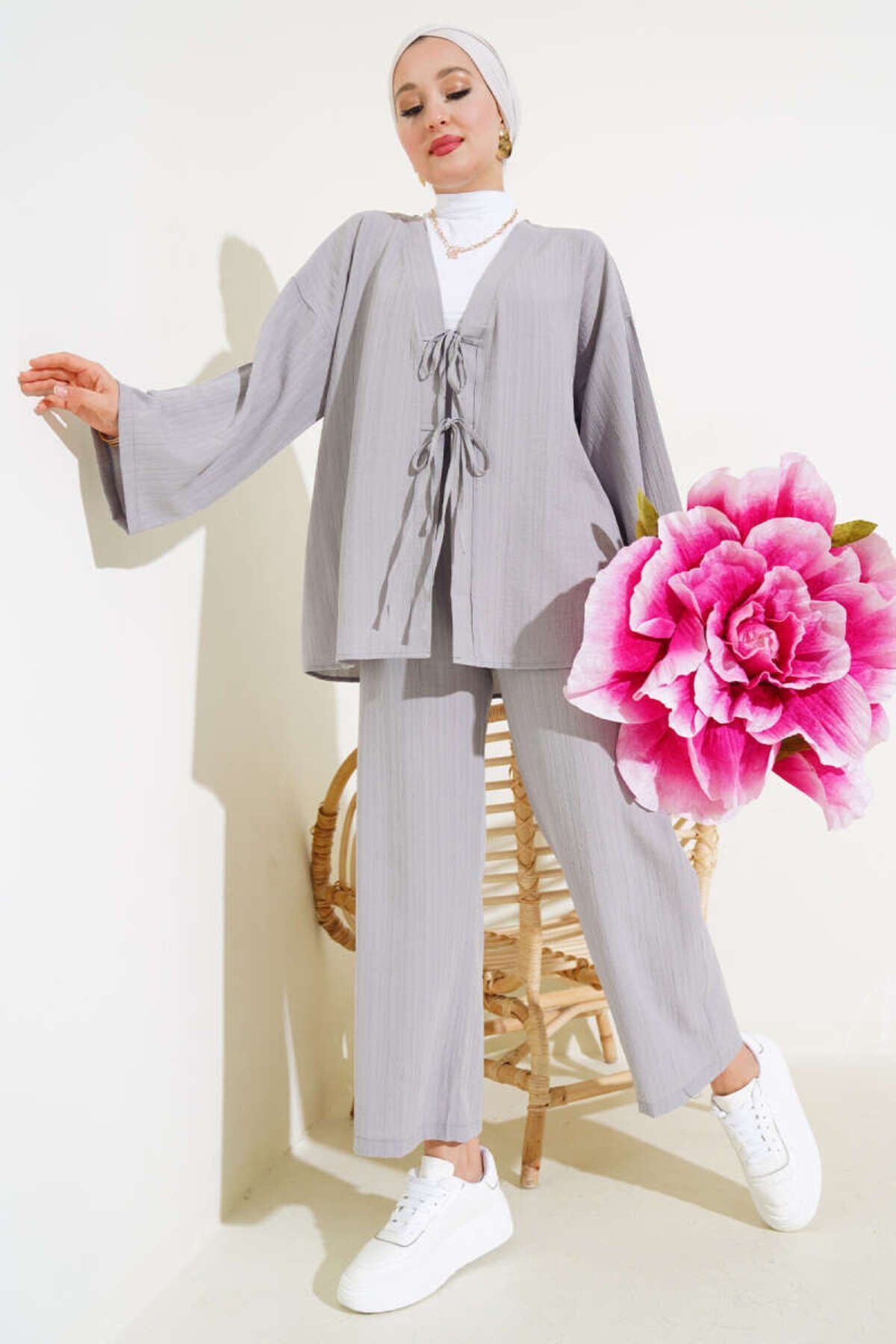 Kadın Önü Bağlamalı Kimono İkili Takım Gri - L/XL