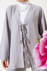Kadın Önü Bağlamalı Kimono İkili Takım Gri - L/XL