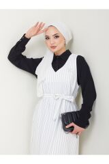 Kadın Çizgili Jile Elbise Beyaz - S/M
