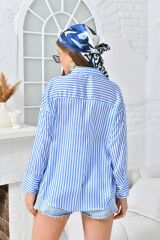Kadın İnce Çizgili Saten Gömlek Mavi - L