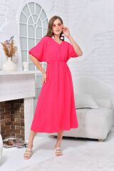 Kadın V yaka Bel ve Kol Büzgülü Maxi Elbise Pembe - S