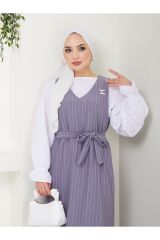 Kadın Çizgili Jile Elbise Gri - L/XL