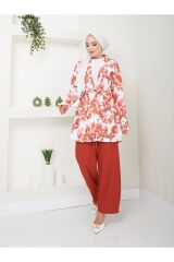 Kadın Çiçek Desenli Kapamasız  Kuşaklı Kimono Takım Kiremit - L