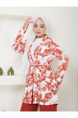 Kadın Çiçek Desenli Kapamasız  Kuşaklı Kimono Takım Kiremit - XL