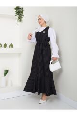 Kadın Çizgili Jile Elbise Siyah - L/XL