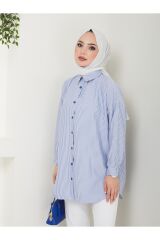 Kadın Çizgili Tesettür Gömlek Lacivert - M