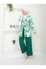Kadın Çiçek Desenli Kapamasız  Kuşaklı Kimono Takım Yeşil - XL