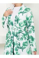 Kadın Çiçek Desenli Kapamasız  Kuşaklı Kimono Takım Yeşil - XL
