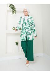 Kadın Çiçek Desenli Kapamasız  Kuşaklı Kimono Takım Yeşil - S