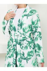 Kadın Çiçek Desenli Kapamasız  Kuşaklı Kimono Takım Yeşil - S