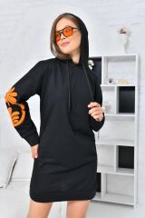 Kapüşonlu Kol Baskılı Uzun Sweat
