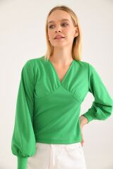Kadın V Yaka Geniş Kol Bluz Yeşil - XL
