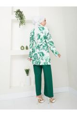 Kadın Çiçek Desenli Kapamasız  Kuşaklı Kimono Takım Yeşil - L