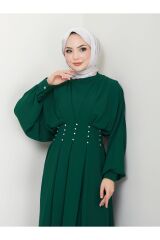Kadın Balon Kol Pileli Taşlı Elbise Yeşil - 46