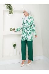 Kadın Çiçek Desenli Kapamasız  Kuşaklı Kimono Takım Yeşil - M
