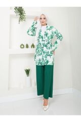 Kadın Çiçek Desenli Kapamasız  Kuşaklı Kimono Takım Yeşil - M