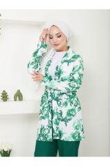 Kadın Çiçek Desenli Kapamasız  Kuşaklı Kimono Takım Yeşil - M