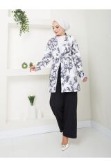 Kadın Çiçek Desenli Kapamasız  Kuşaklı Kimono Takım Siyah - S